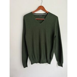 Massimo Dutti Mens V-Neck Sweater Green Cotton Cashmere Blend Textured M